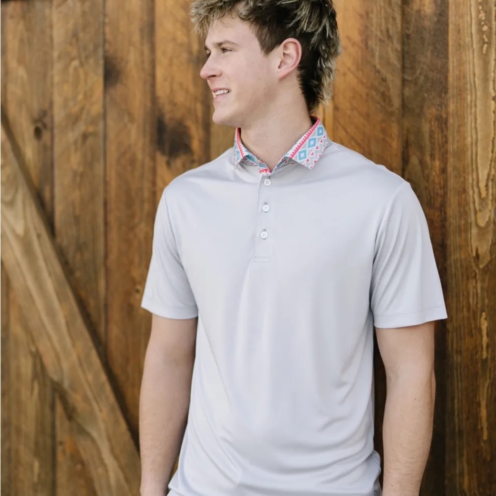 Zyia Men’s Gray Aztec Clearwater Polo NWT